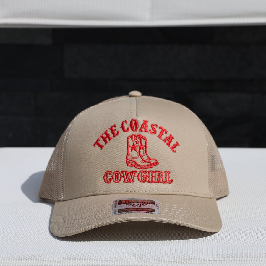 Coastal Cowgirl trucker hat in tan with red embroidery
